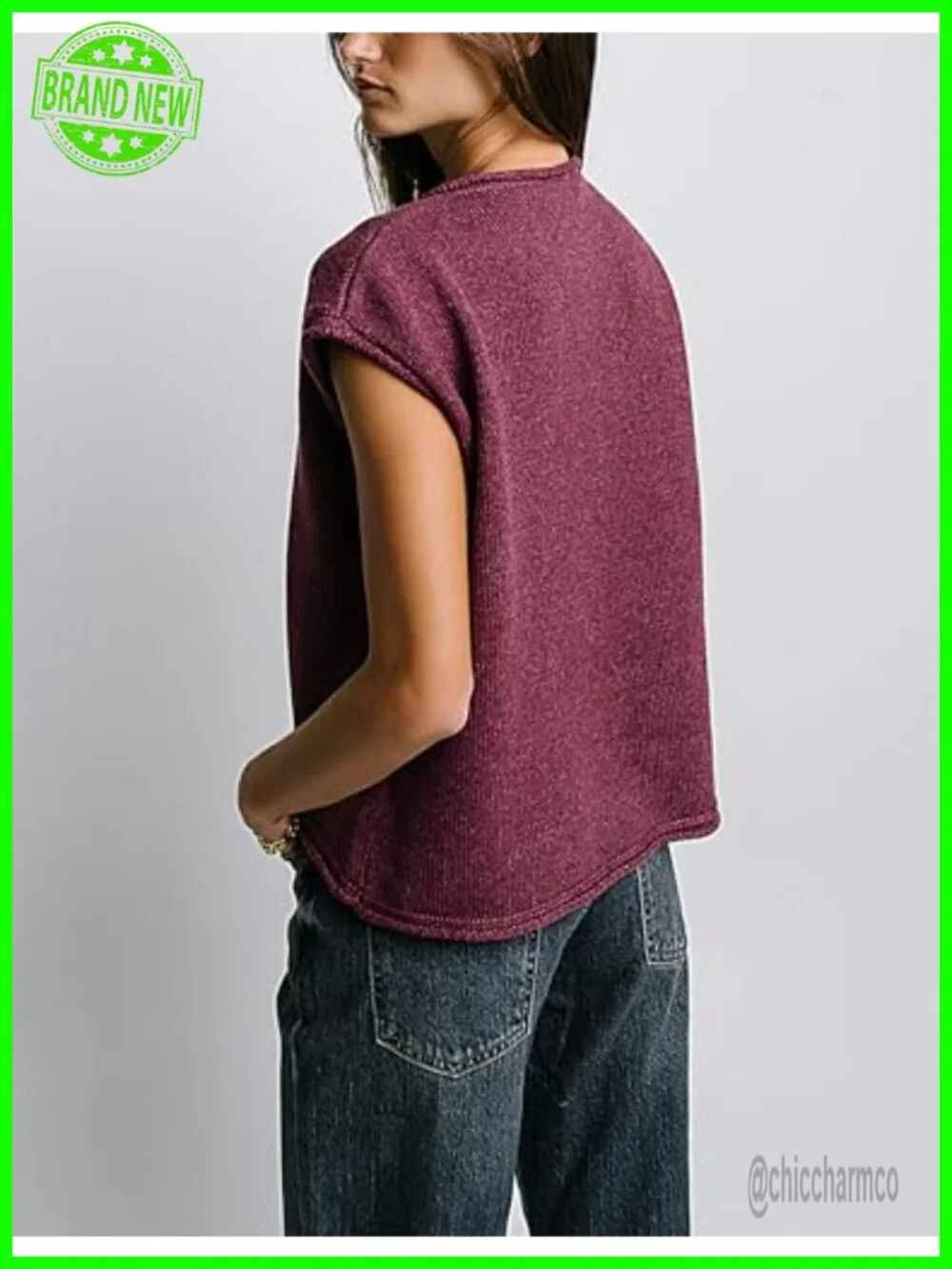 Knit Vest Button Front Crewneck Cap Sleeve Relaxed Fit